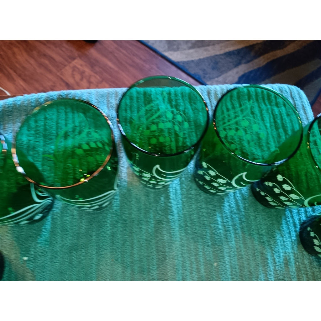 Set of 8 MCM Anchor Hocking Lily of the Valley Green Tumblers Glasses