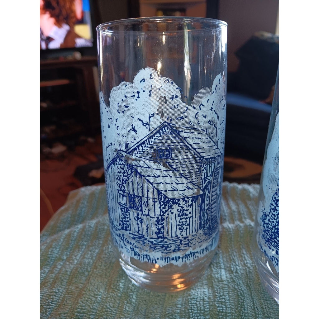 Rare Blue Water Wheel Country Glass Tumbler Set Of 4 - Vintage Great Condition