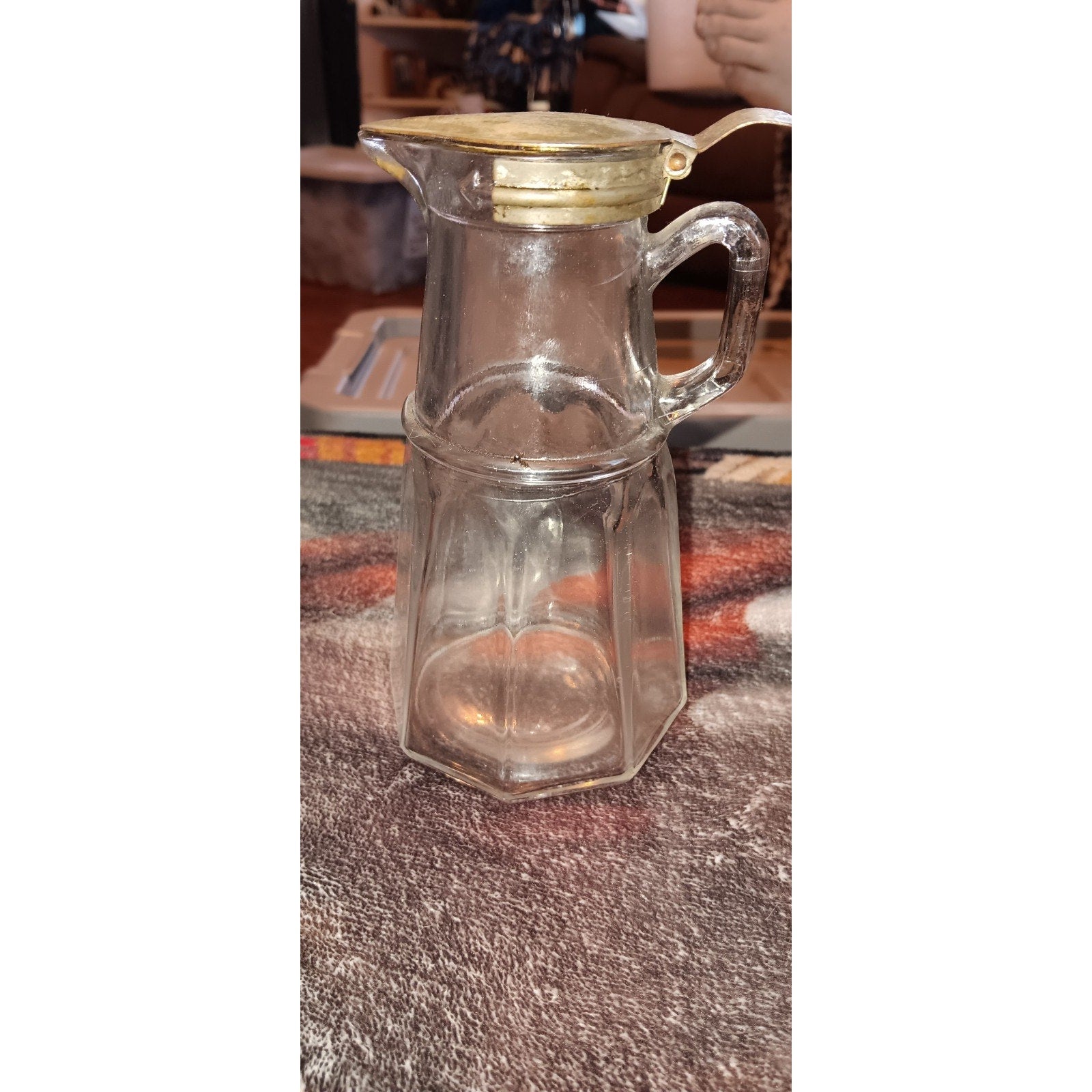Antique 6" Tall Glass Syrup Pitcher with Spring-Loaded Metal Lid