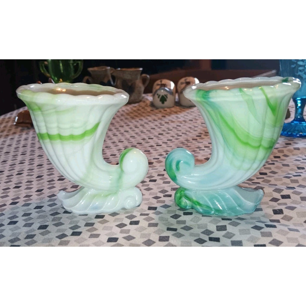 Lot Of 2 Akro Agate Glass 1940’s Green & White Slag Cornucopia Miniature Vase