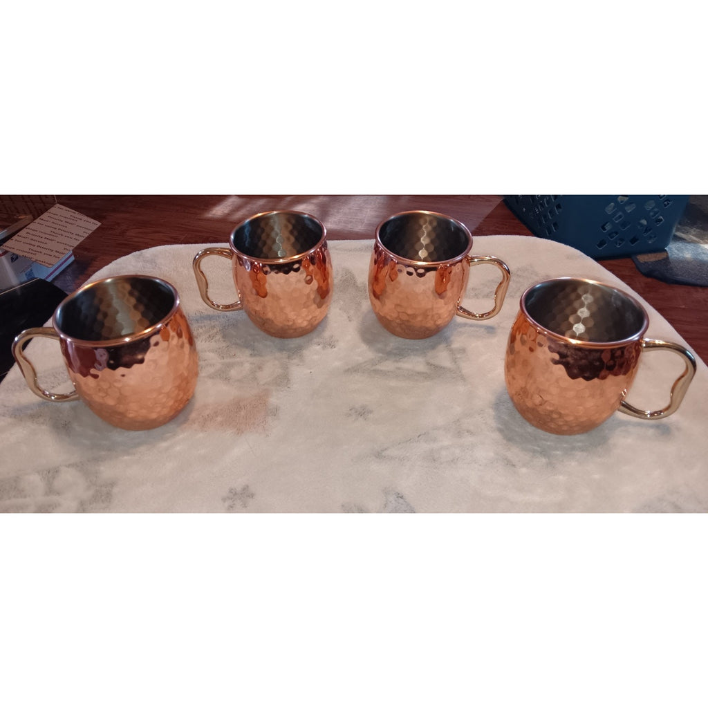 Set of 4 Hammered Copper Moscow Mule Drink Cocktail Mugs - Stainless Steel Lined