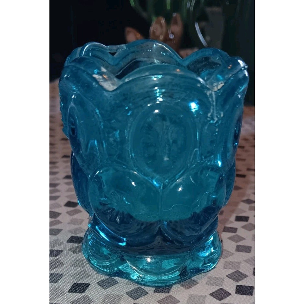 Vintage L E Smith Blue Glass Moon & Stars Toothpick Holder w/Ruffled Bottom