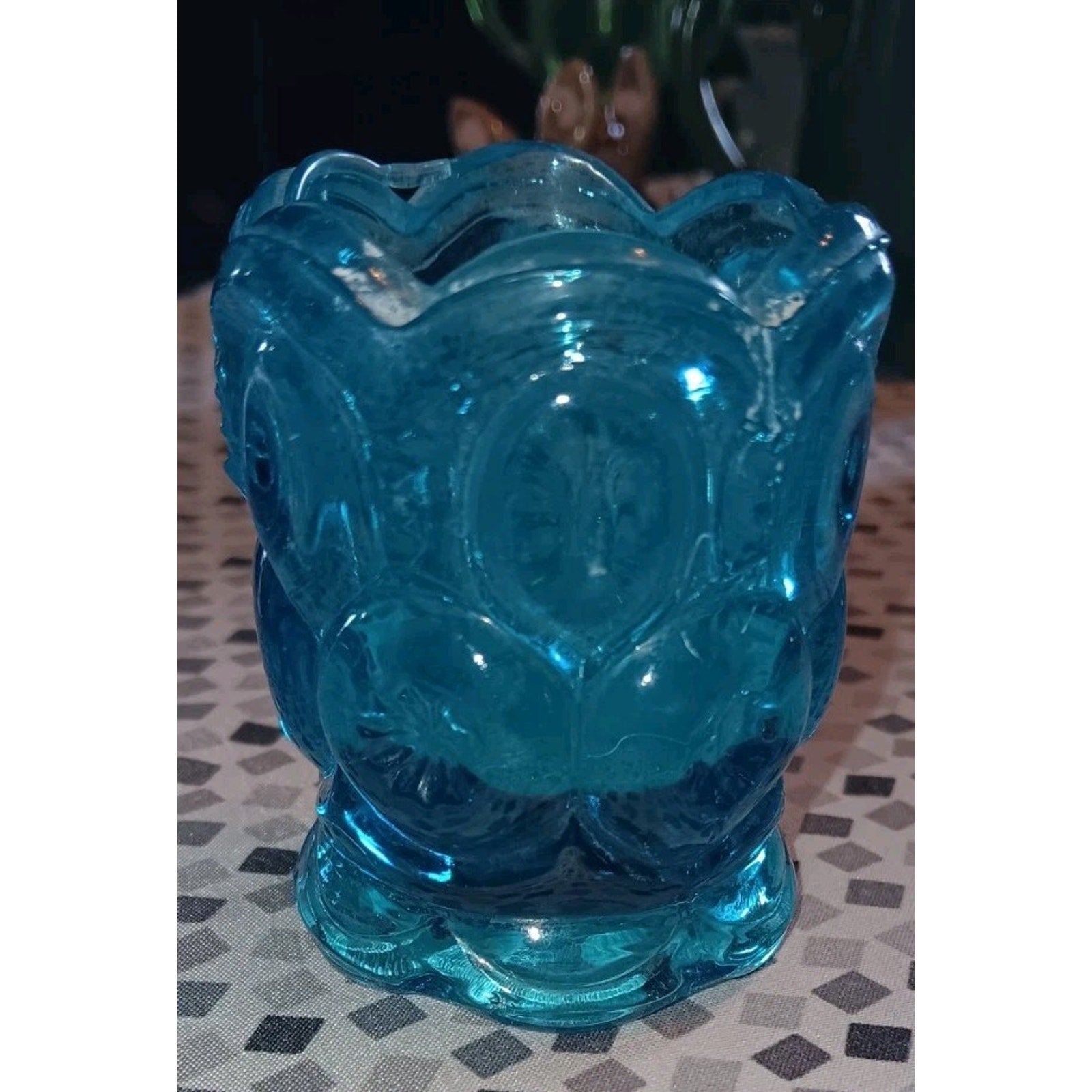 Vintage L E Smith Blue Glass Moon & Stars Toothpick Holder w/Ruffled Bottom