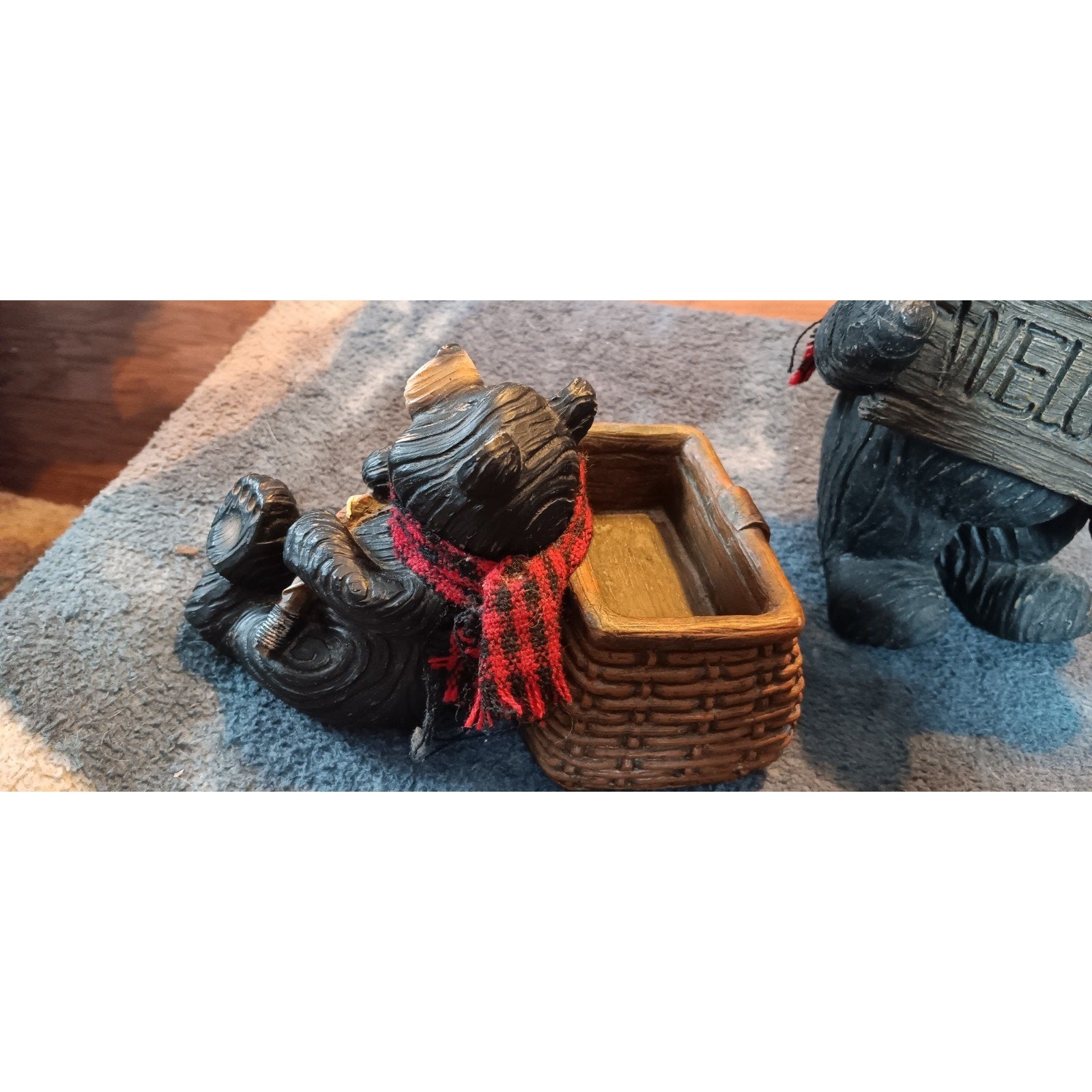Black Bear Resin Figures Lot of 3 Fish Basket, Welcome Decor, Happy Bear Decor
