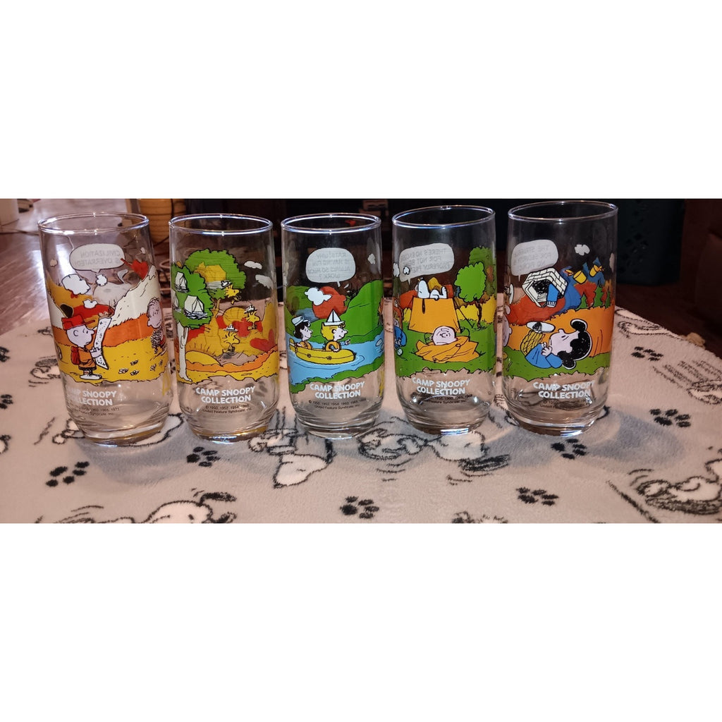 Complete Set Of (5) Vintage Camp Snoopy McDonalds Promo Glasses Nice 1983