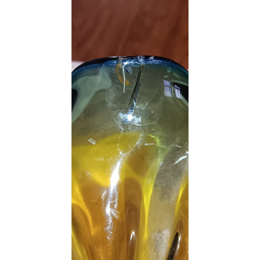 Murano Ruffled Edge Glass Bowl, Green and Amber, 10" diameter