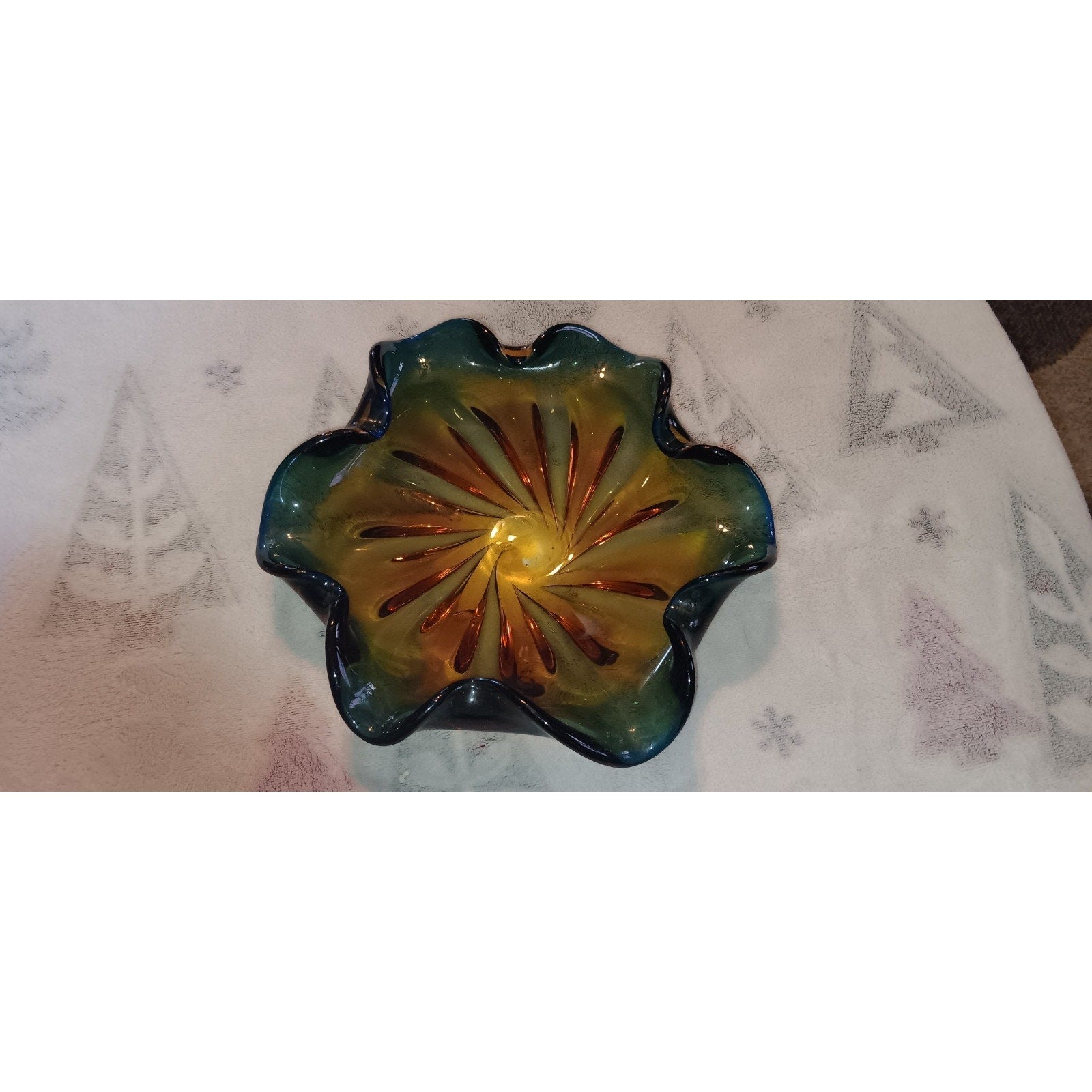 Murano Ruffled Edge Glass Bowl, Green and Amber, 10" diameter