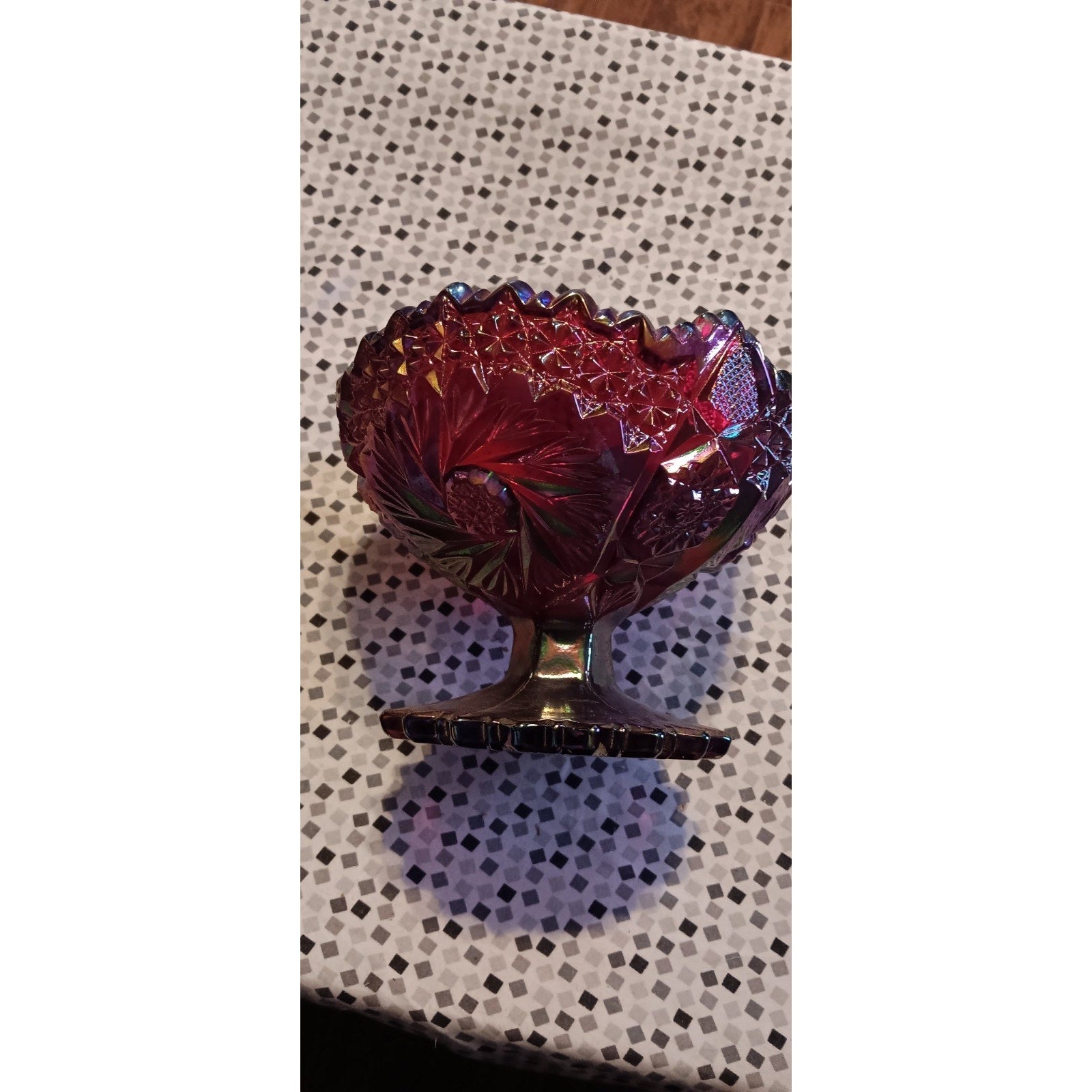Fenton Ruby Red Glass Carnival Pinwheel Iridescent Sawtooth Edge Candy Bowl Art