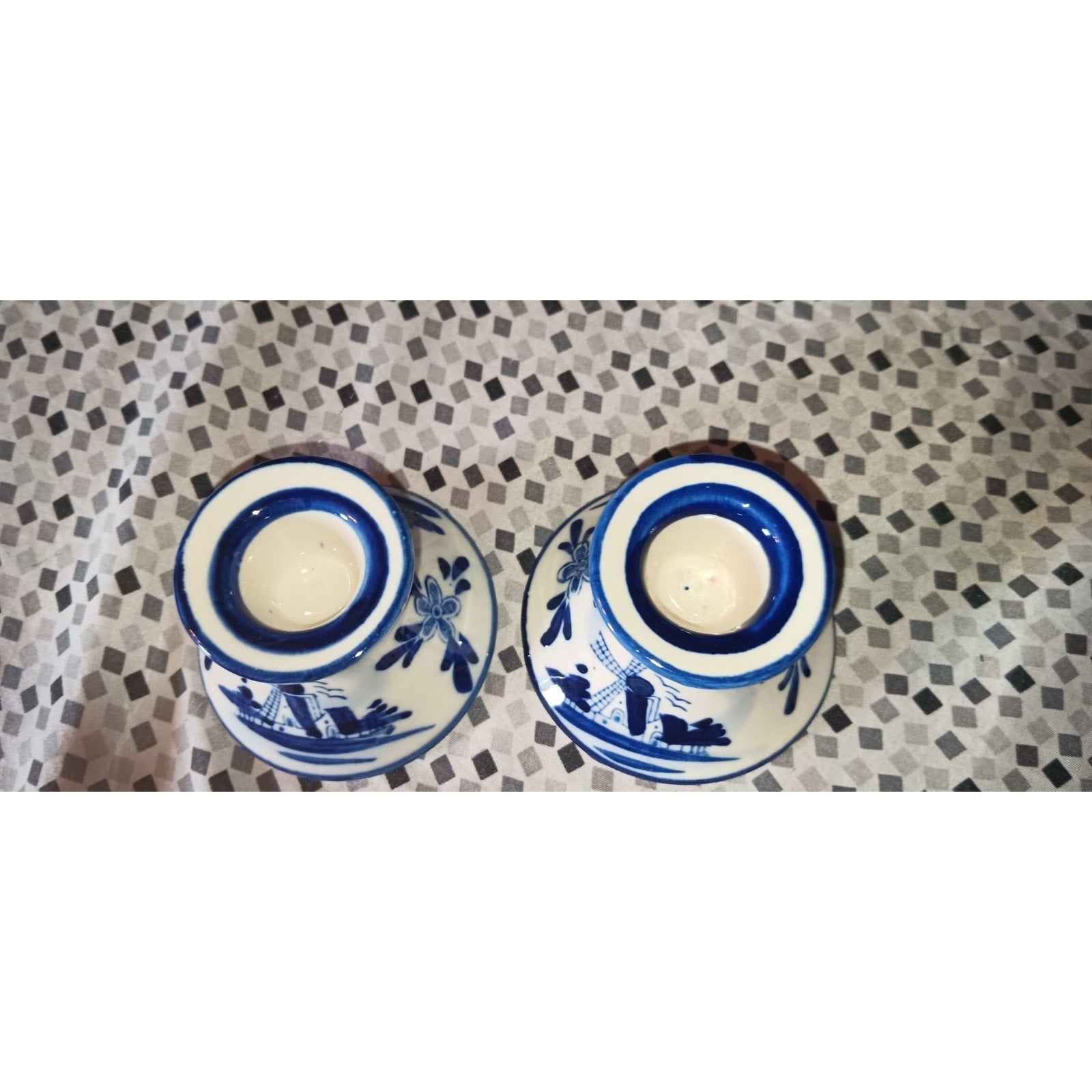 Vtg Ceramic Blue & White Delft Candlestick Holders, Windmill, Holland, Set/2