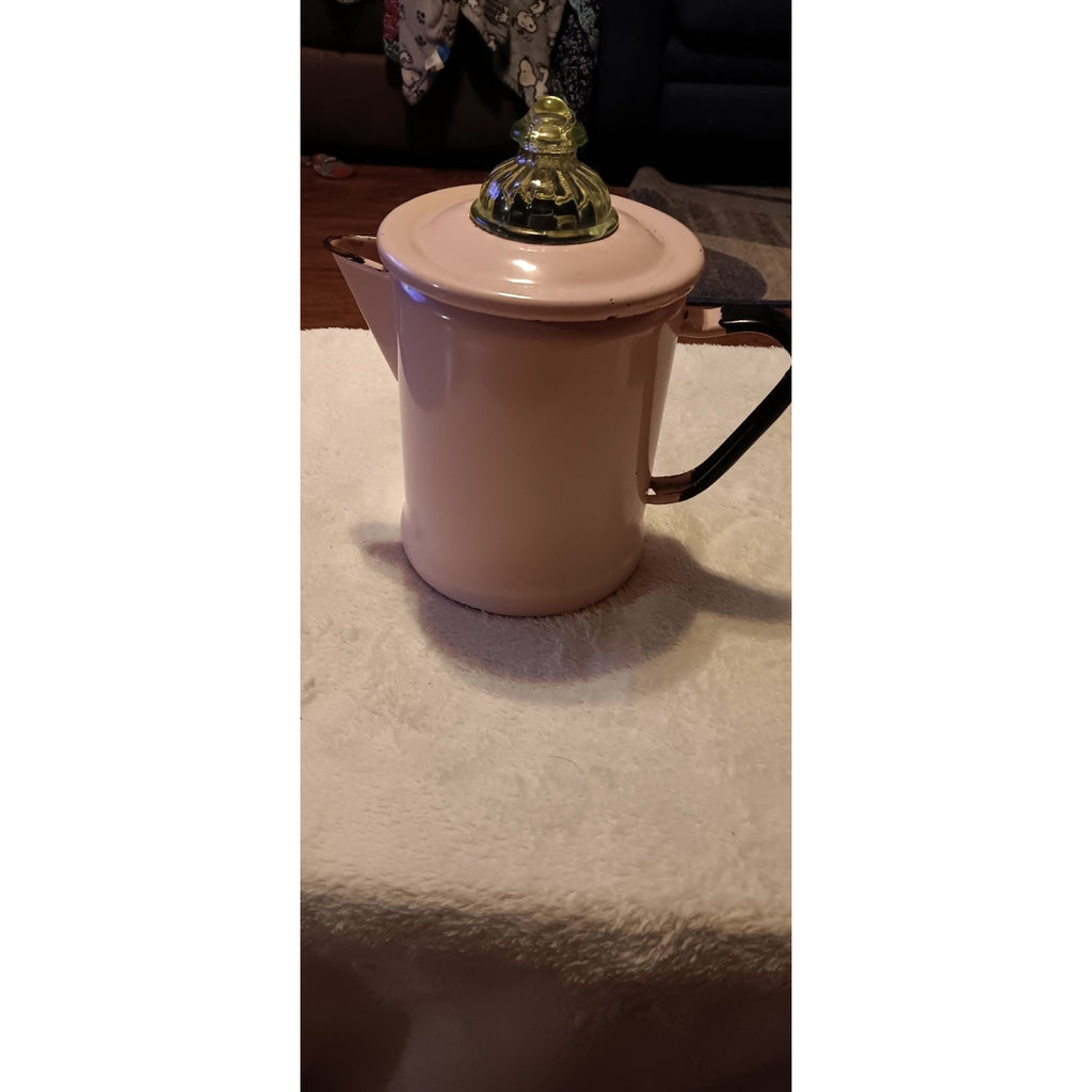 Rare Light Pink & Black Enamelware Coffee Pot W/ Green uranium glass Percolator