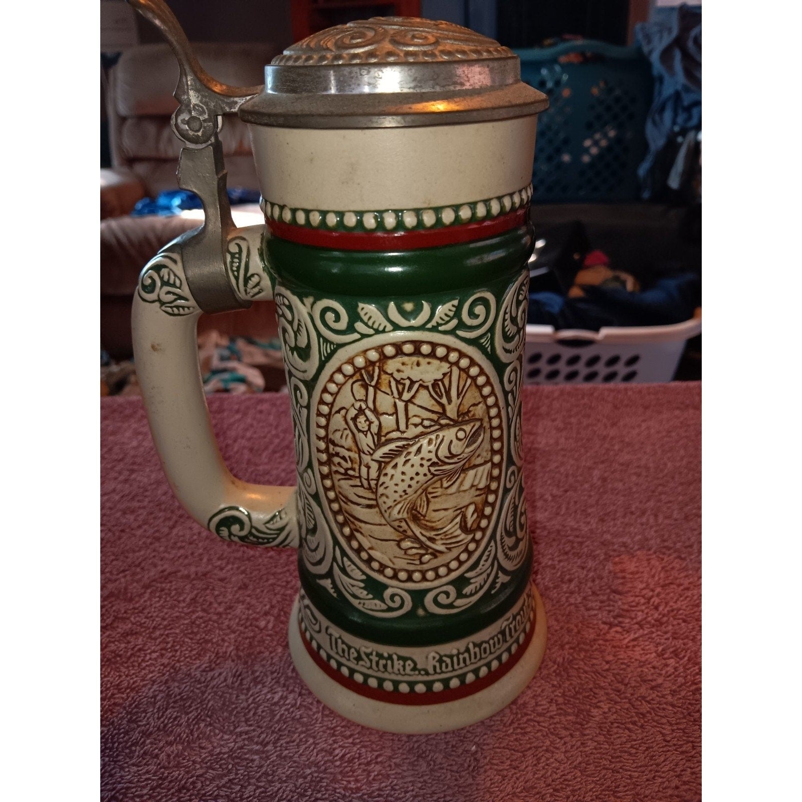 Vintage 1978 Pewter Top Beer Stein, Irish Setter and Rainbow Trout, Brazil 9''