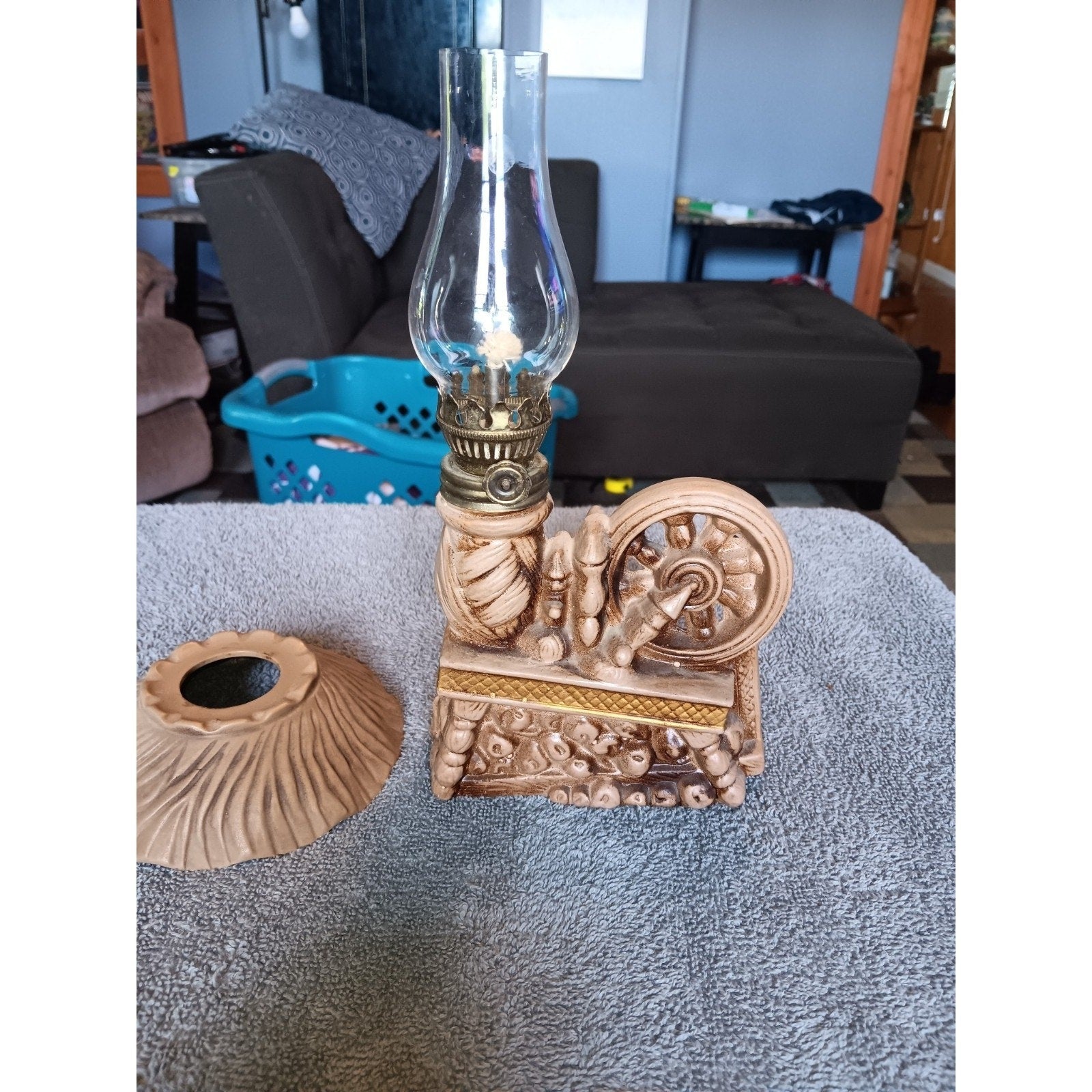 mid century ceramic spinning wheel oil lamp Great Condition Rare Unique Piece