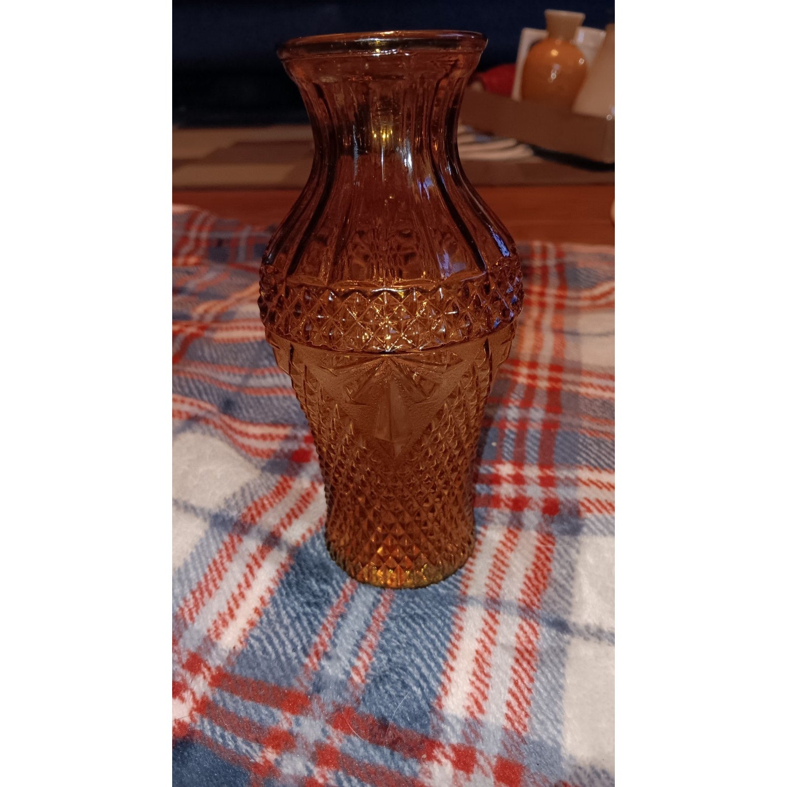 Vintage Amber Glass Vase Diamond Pattern 6.5" Tall. Made In Tiawan