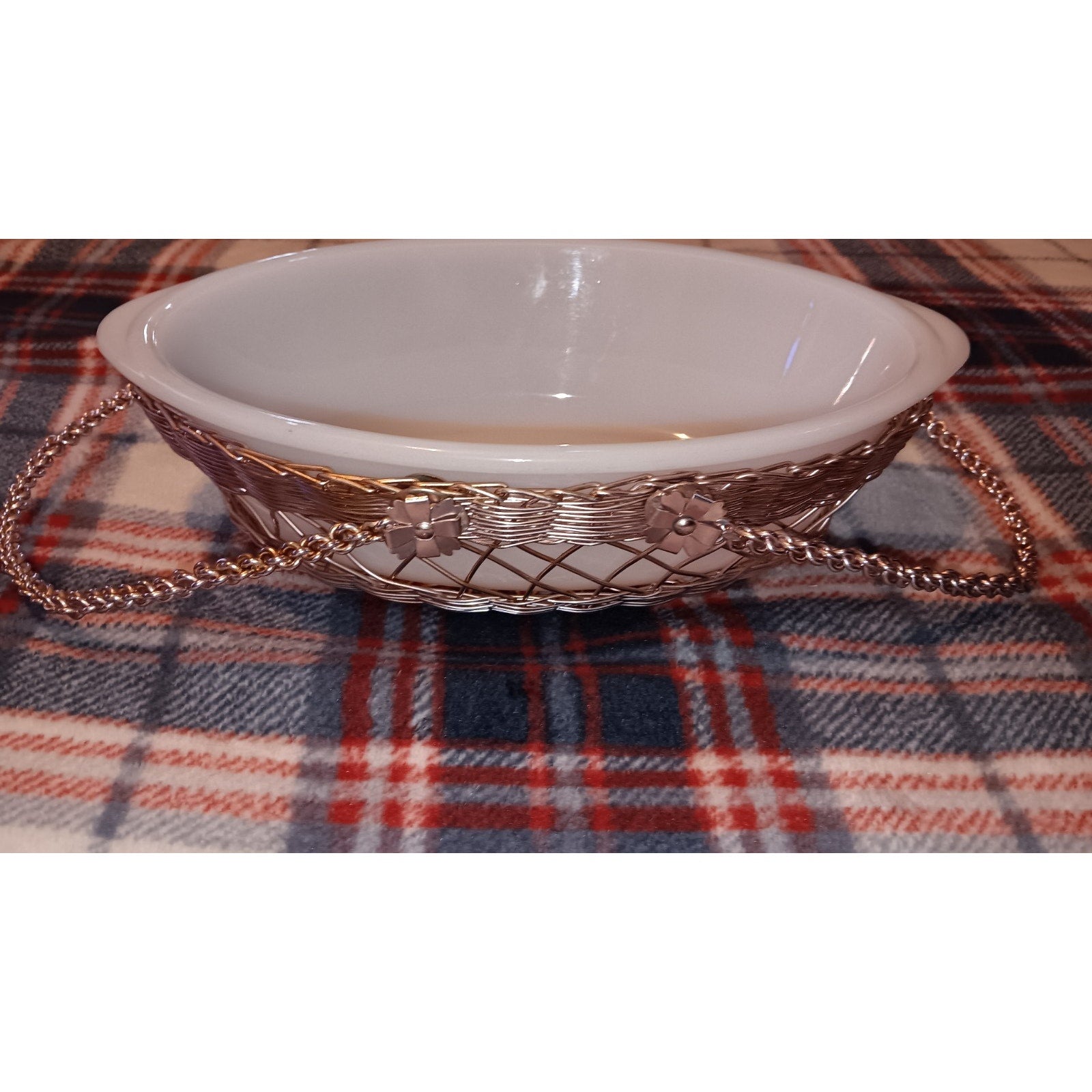 Glasbake White Milk Glass 10" Oval Baking Dish & Rose Gold Metal Carry Basket