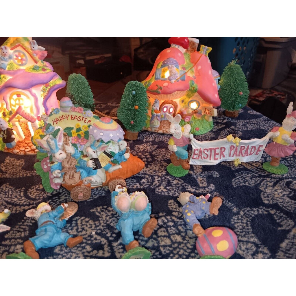 Lighted Easter Village Porcelain Houses Figures 21 Pc See Pics Really Nice