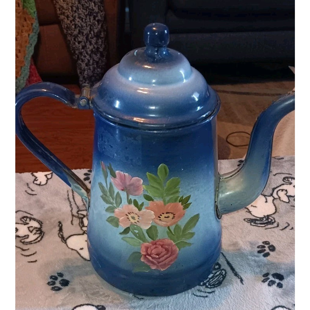 Vintage French Enamelware Cobalt Blue Handpainted Flowers Teapot 1920's Enamel