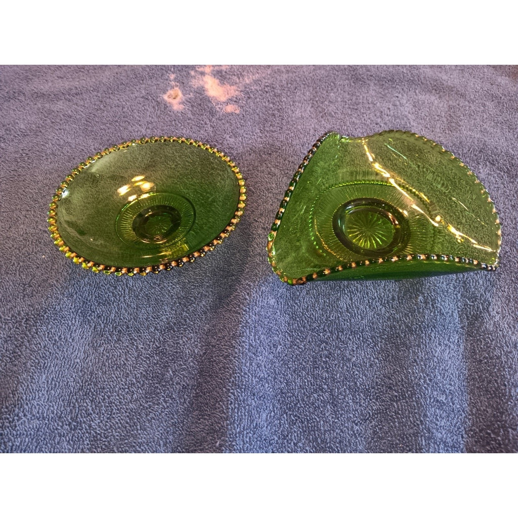 Lot Of 2 Emerald Colorado Greed Lacy Medallion Dish And Wavy Trinket Dish