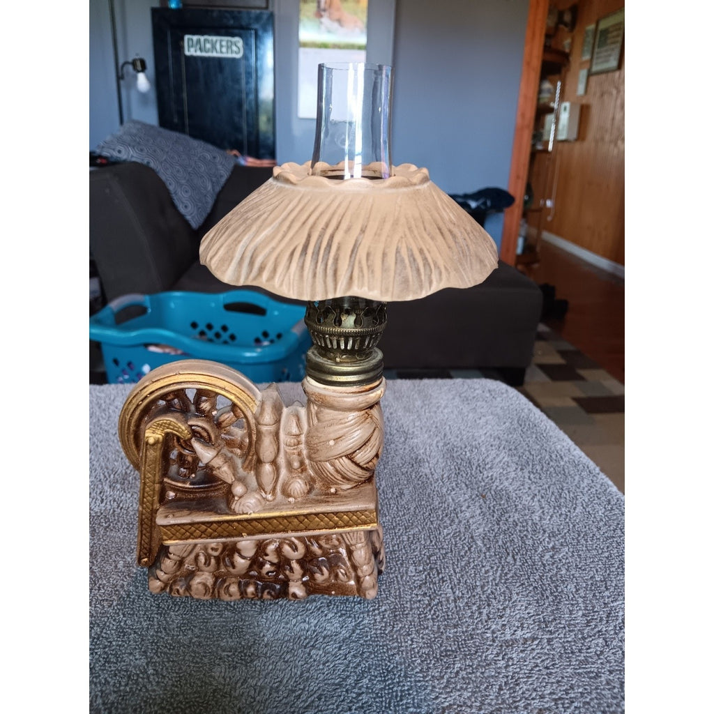 mid century ceramic spinning wheel oil lamp Great Condition Rare Unique Piece