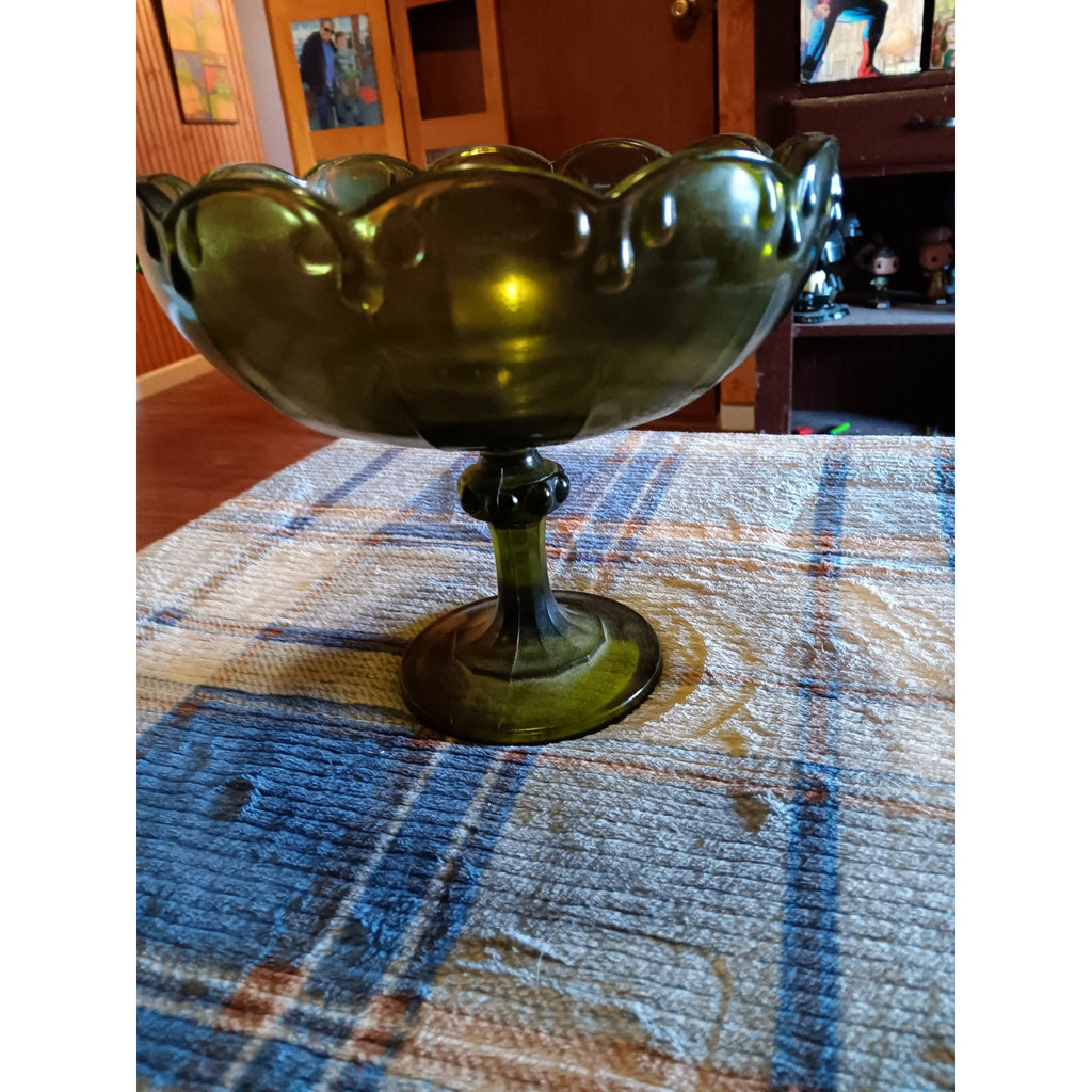 Indiana Glass Avocado / Olive Green Pedestal Teardrop Glass Compote Fruit Bowl