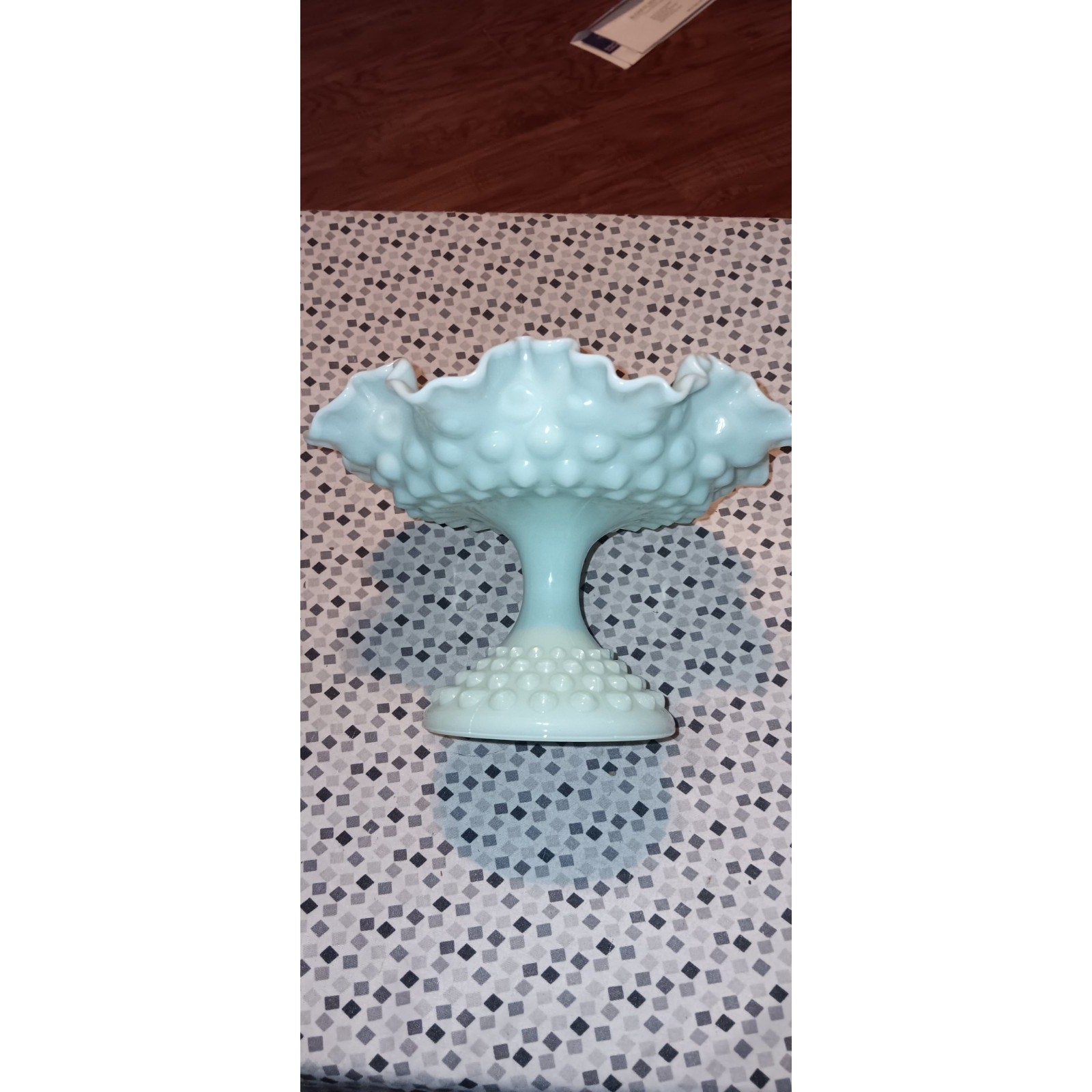Fenton Hobnail Creamy Green Milk Glass Compote | 5.5" Tall, 8" Crimped Centerpiece