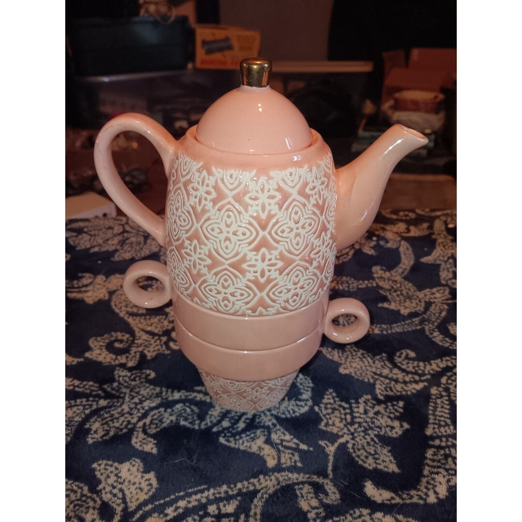 Pinky Up ~ Tea for Two Set in Pink and White Teapot Mugs Ceramic