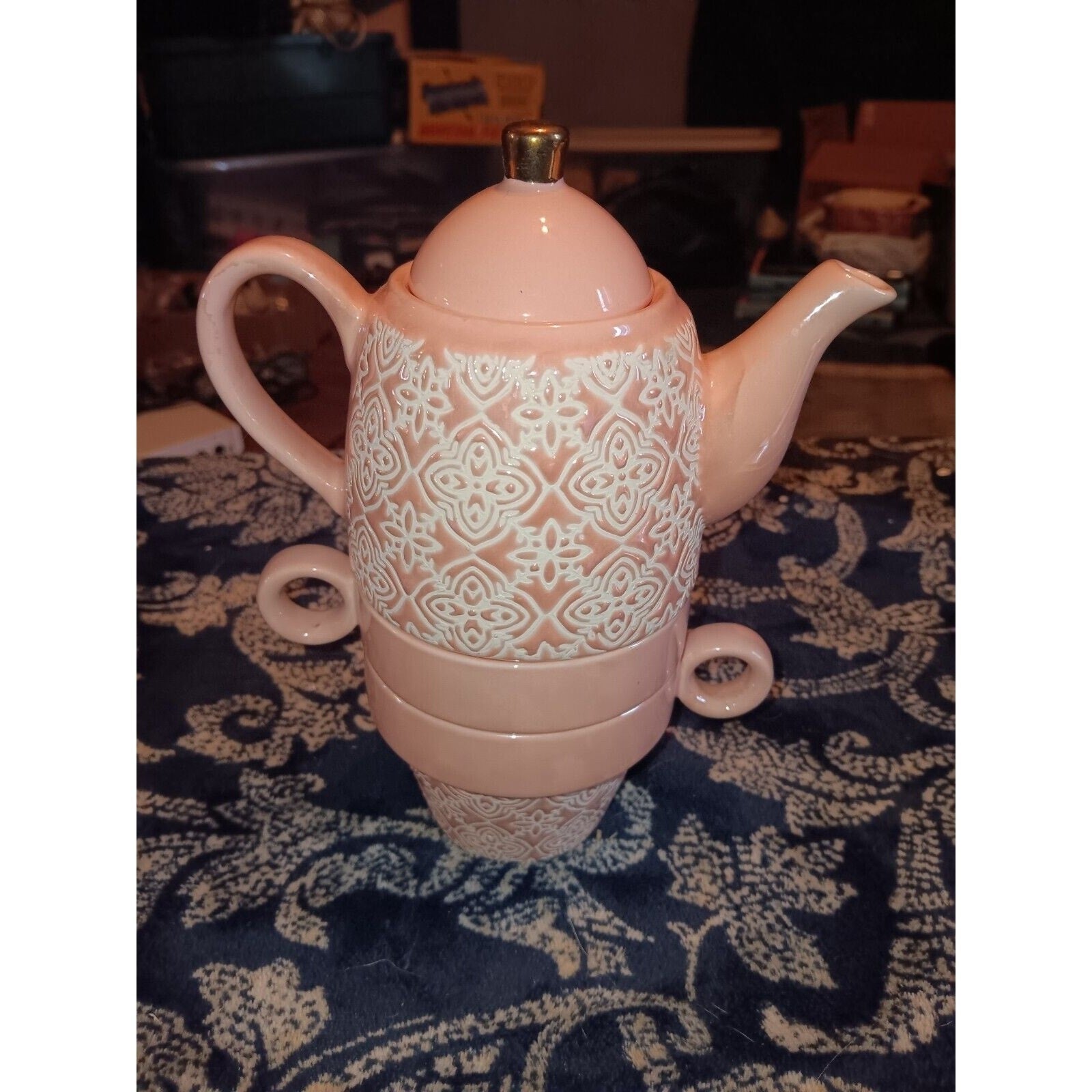 Pinky Up ~ Tea for Two Set in Pink and White Teapot Mugs Ceramic