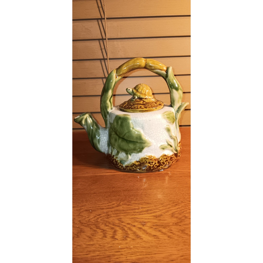 Ceramic Majolica Turtle Teapot With Lid Rare No Chips Beautiful Piece