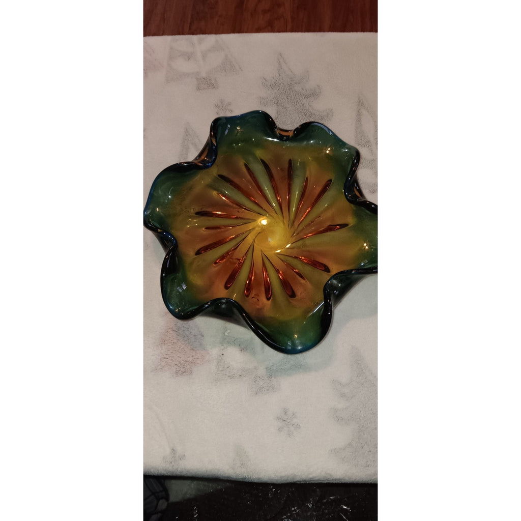 Murano Ruffled Edge Glass Bowl, Green and Amber, 10" diameter