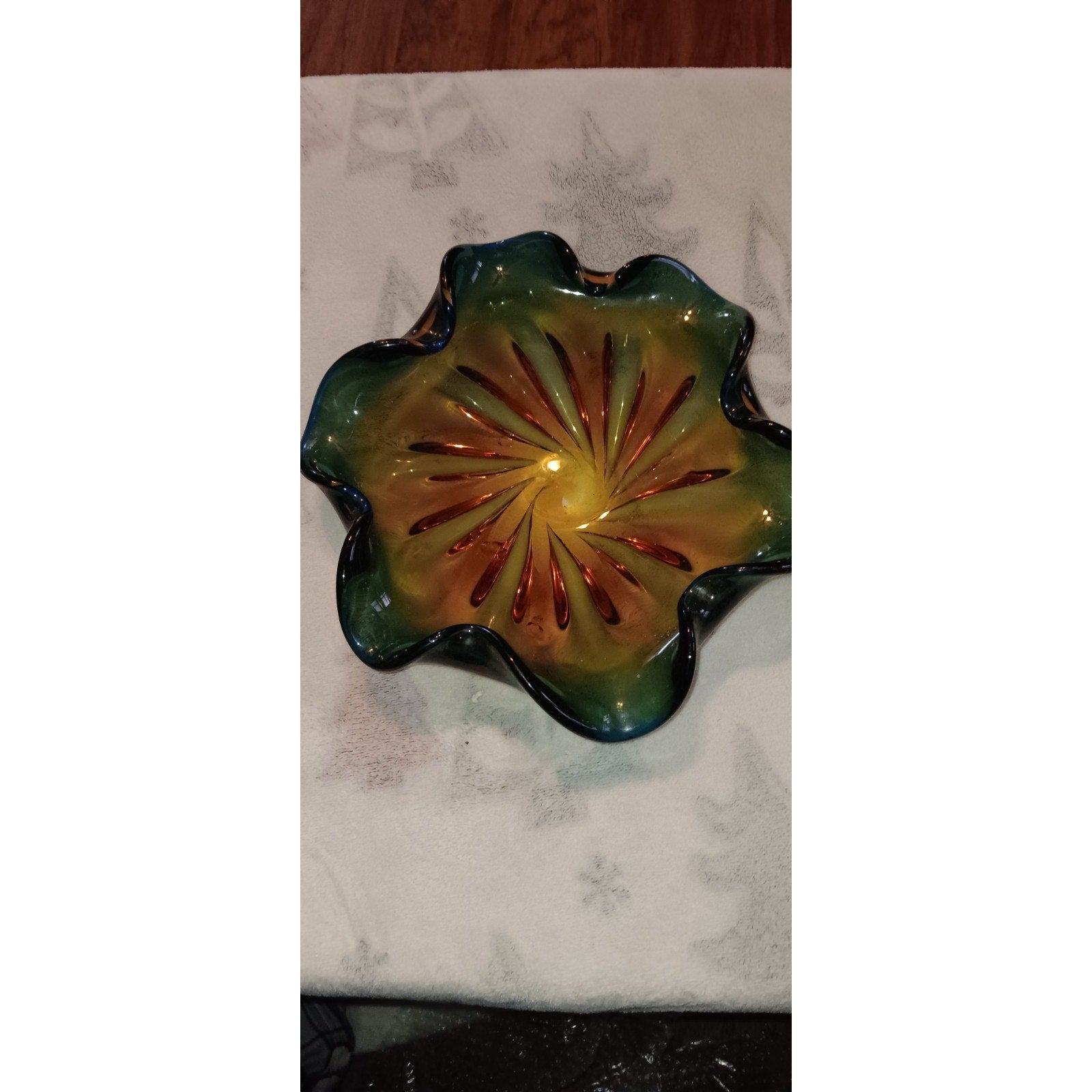 Murano Ruffled Edge Glass Bowl, Green and Amber, 10" diameter