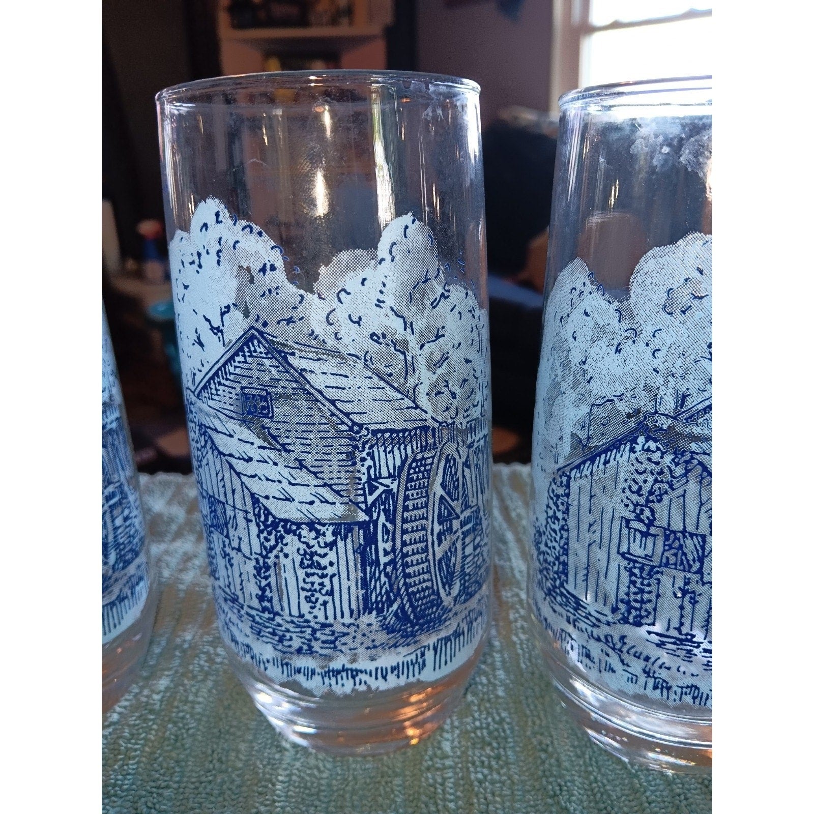 Rare Blue Water Wheel Country Glass Tumbler Set Of 4 - Vintage Great Condition