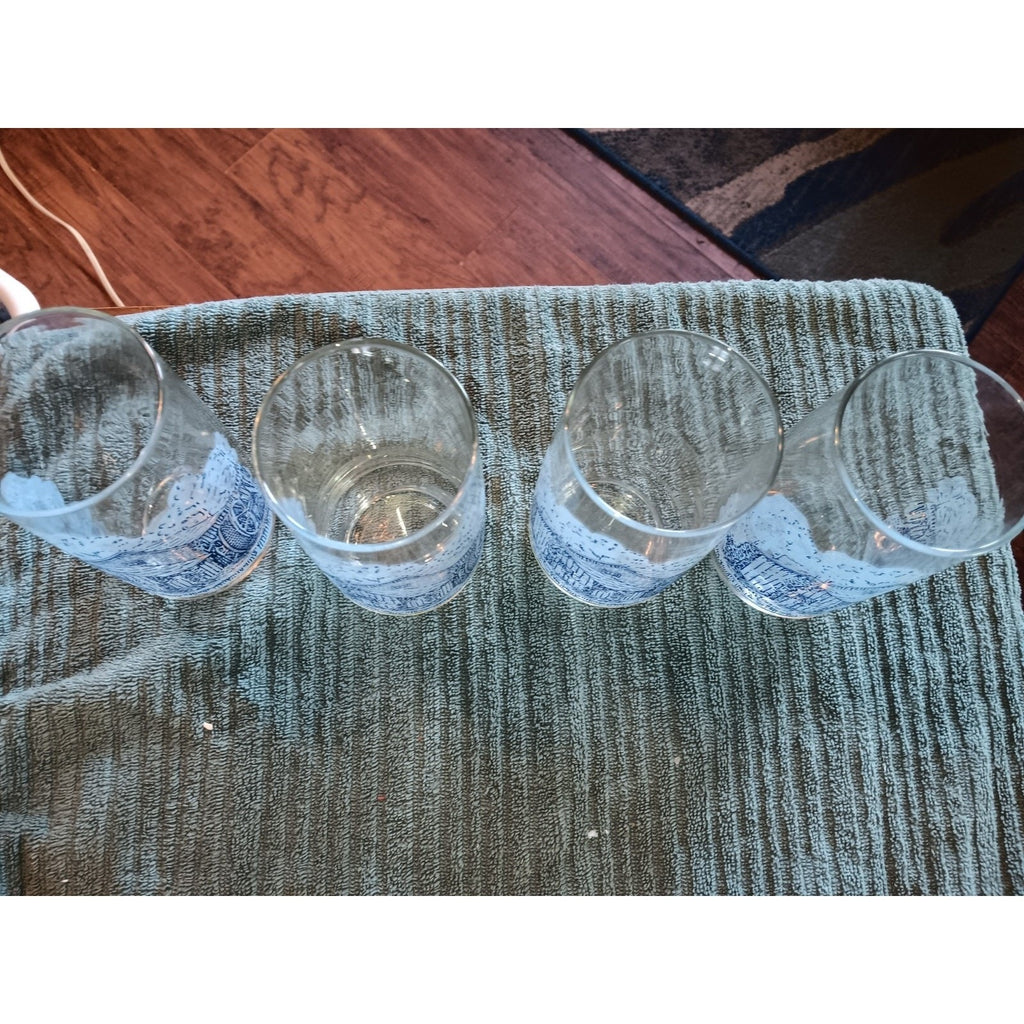 Rare Blue Water Wheel Country Glass Tumbler Set Of 4 - Vintage Great Condition