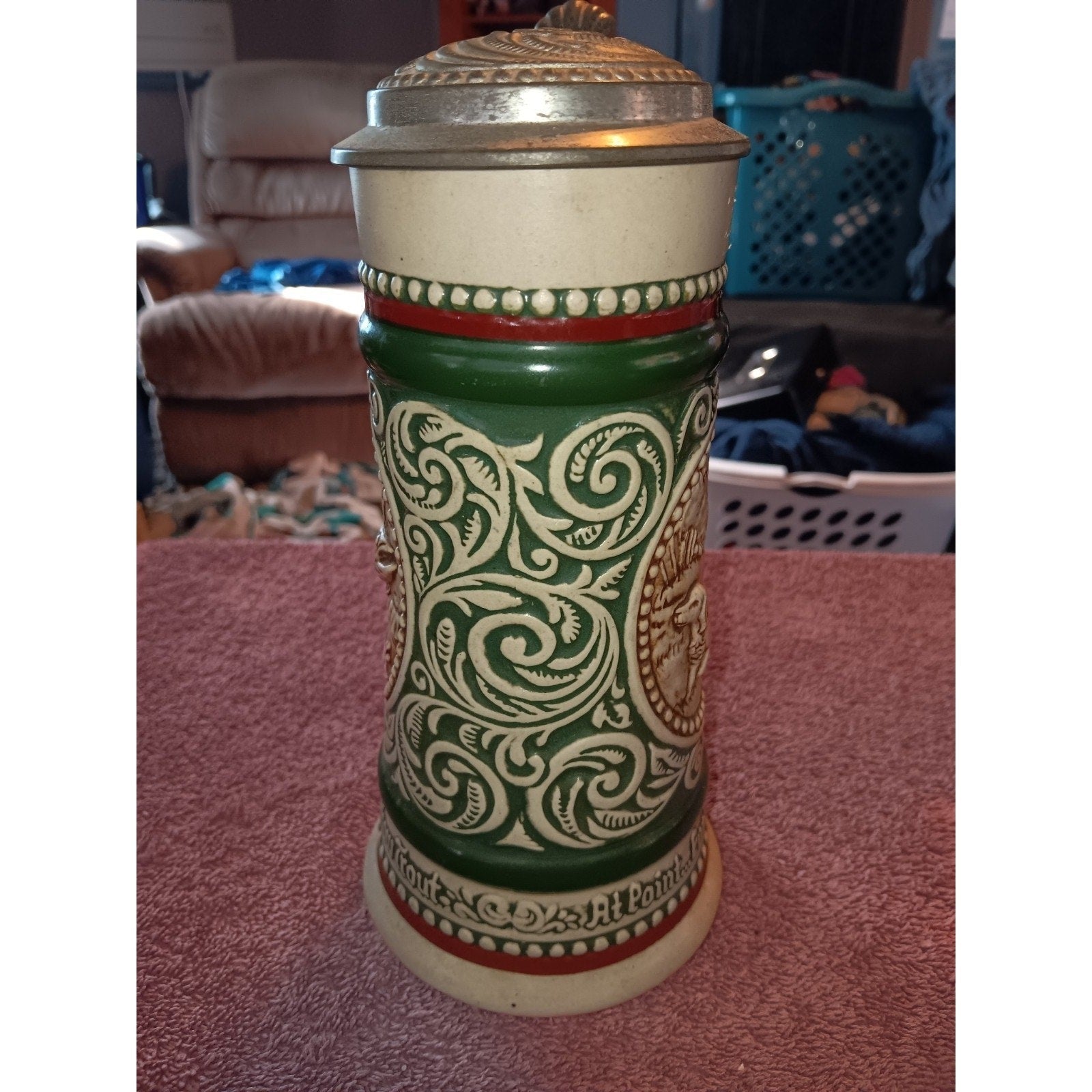 Vintage 1978 Pewter Top Beer Stein, Irish Setter and Rainbow Trout, Brazil 9''