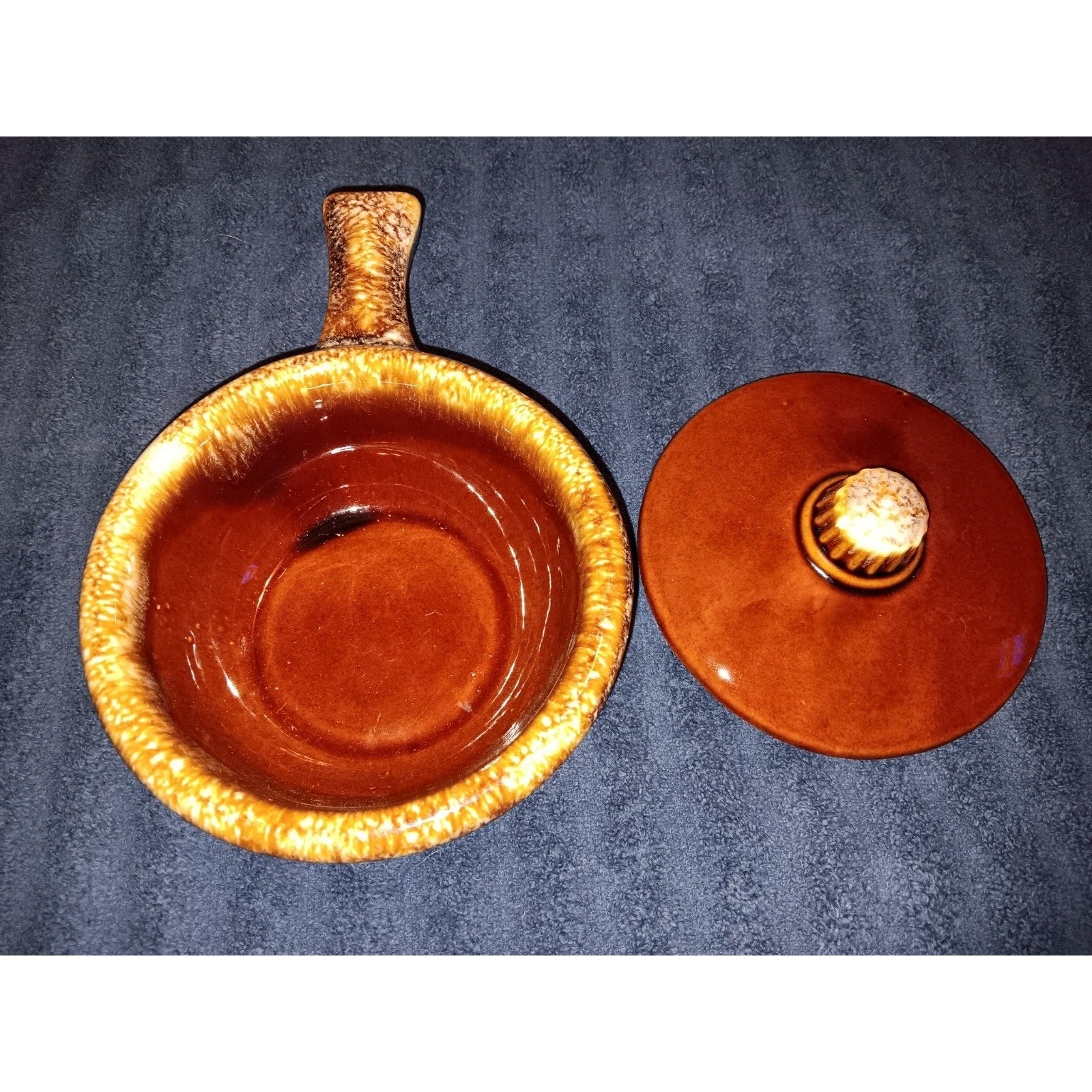 Hull Pottery Oven Proof USA Brown Drip Glaze Soup Bowl Cover Handled Ramekin Vtg