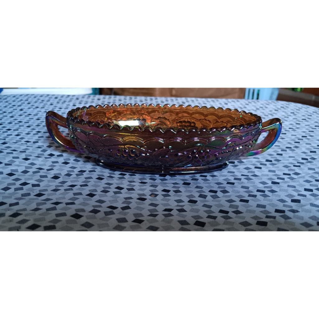 Vintage Imperial Grape Cable Carnival Glass Oval Handled Saw Tooth Rim Bowl
