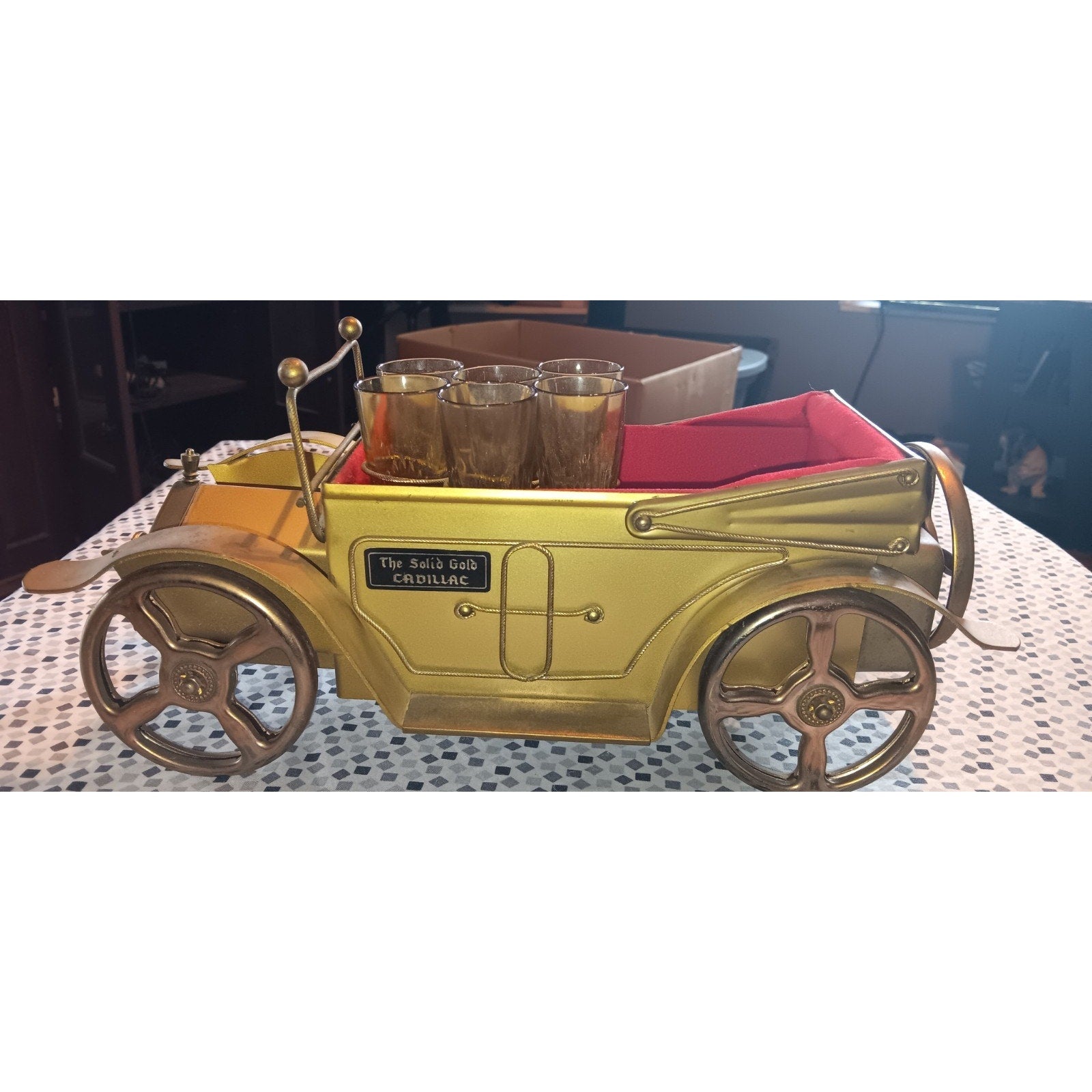 VTG Golden Crown Metal Model T Music Box Bar Car Decanter Set w/ Amber Glass