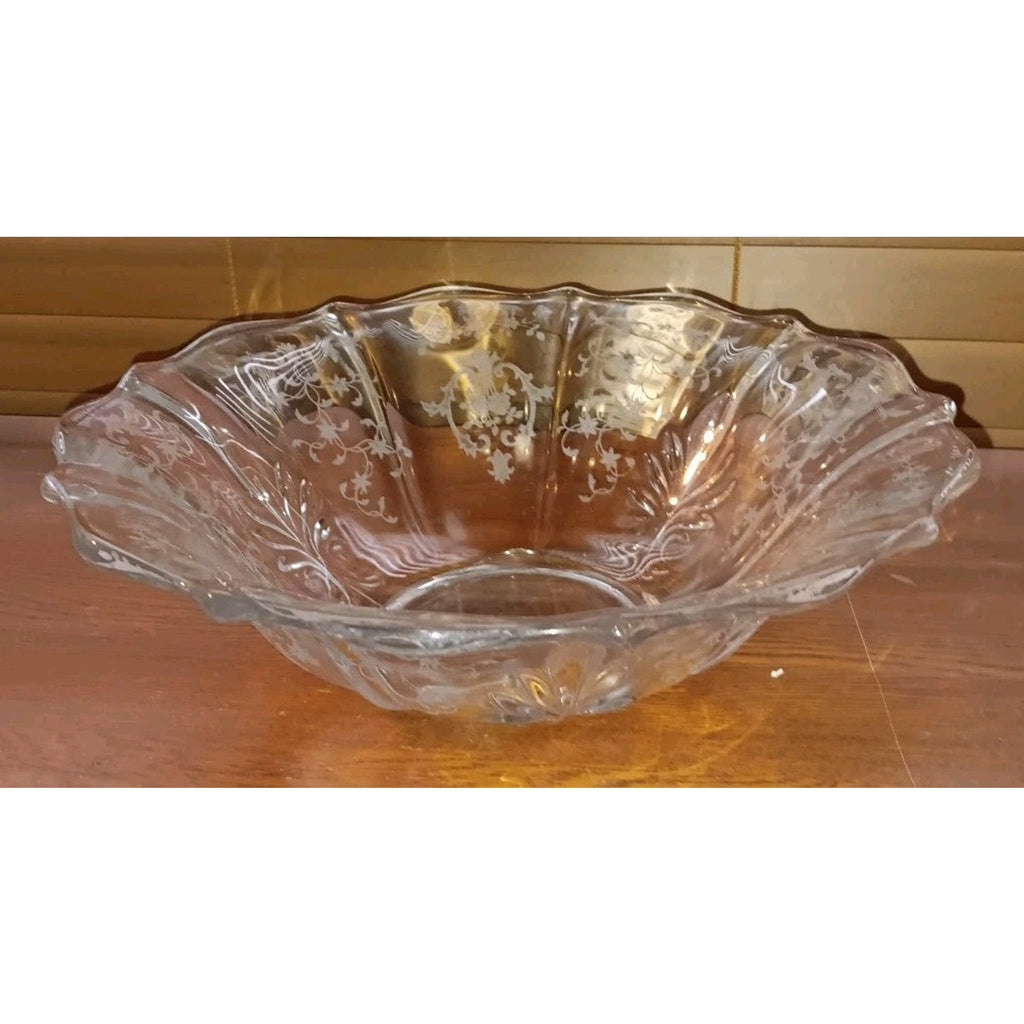 Fostoria Navarre Bowl 12.5 Elegant Footed Floral Etched W/ Baroque Wing Flar VTG