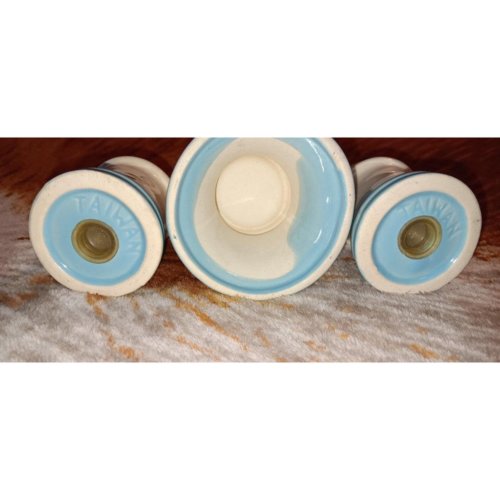 Vintage Blue and White Salt & Pepper Shakers w/ Apple Pattern and Candle Holder
