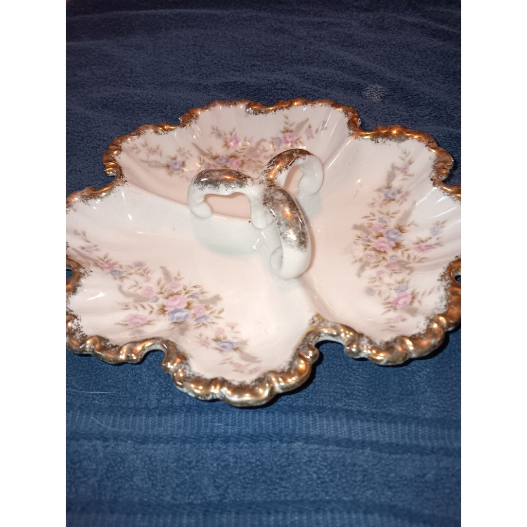 Lefton Hand Painted 3 Handled Divided Candy Dish Pink Blue Roses Gold Trim 7056