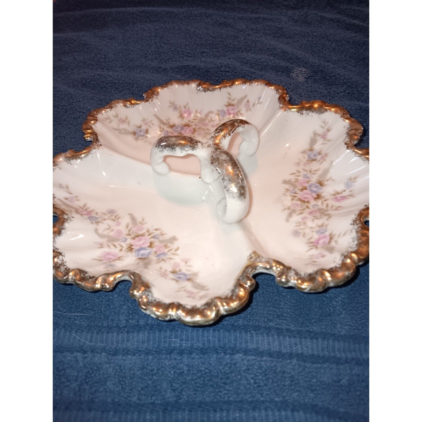 Lefton Hand Painted 3 Handled Divided Candy Dish Pink Blue Roses Gold Trim 7056
