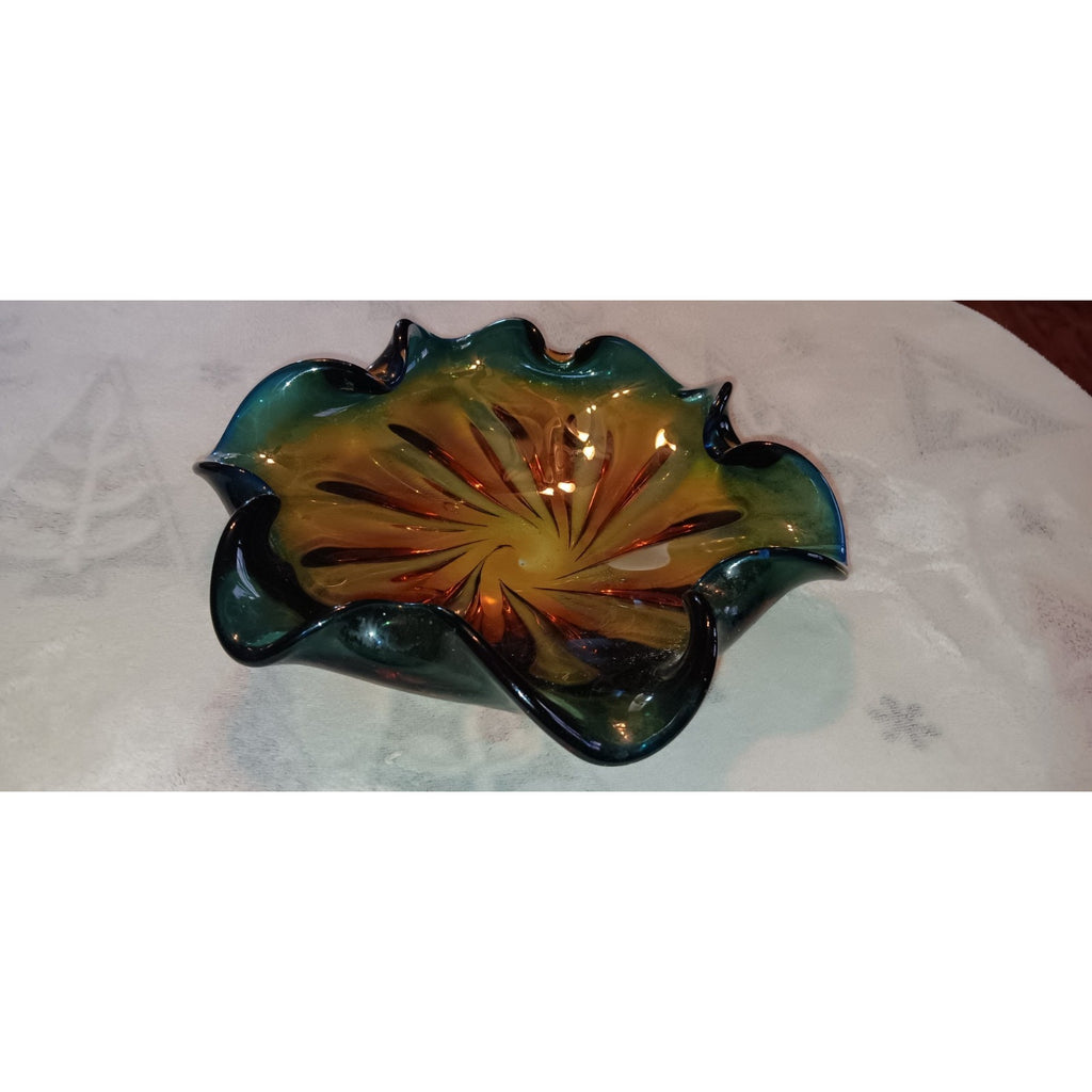 Murano Ruffled Edge Glass Bowl, Green and Amber, 10" diameter