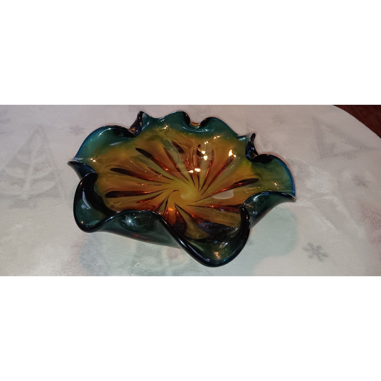 Murano Ruffled Edge Glass Bowl, Green and Amber, 10" diameter