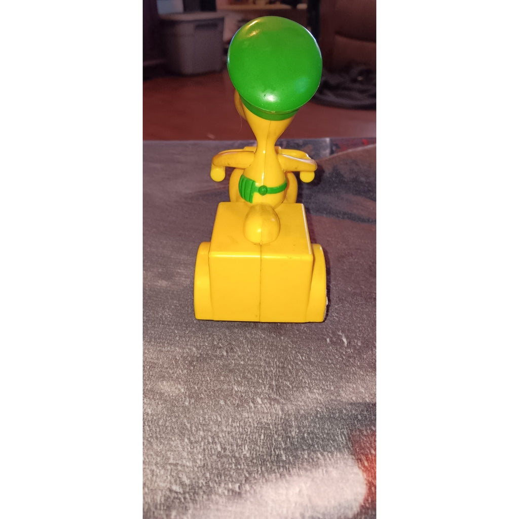Woodstock Peanuts Cartoon on Yellow 3 wheel Motor Scooter vintage Plastic Toy