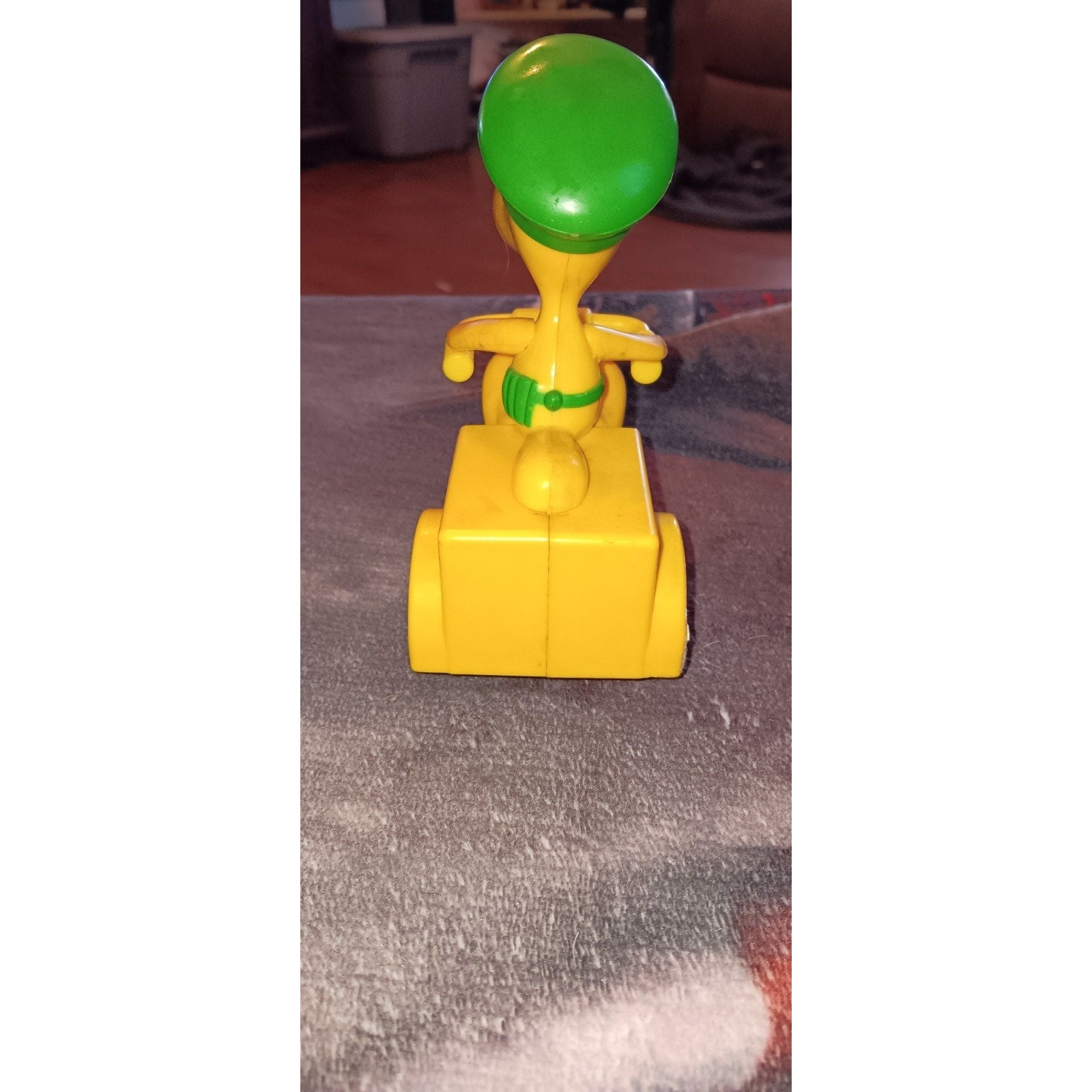 Woodstock Peanuts Cartoon on Yellow 3 wheel Motor Scooter vintage Plastic Toy