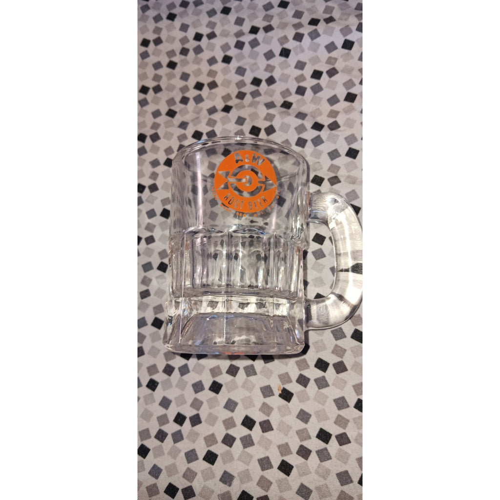 1960s VTG A&W Root Beer Mini Mug Clear Glass Bullseye Arrow Orange Logo AW 3.25"