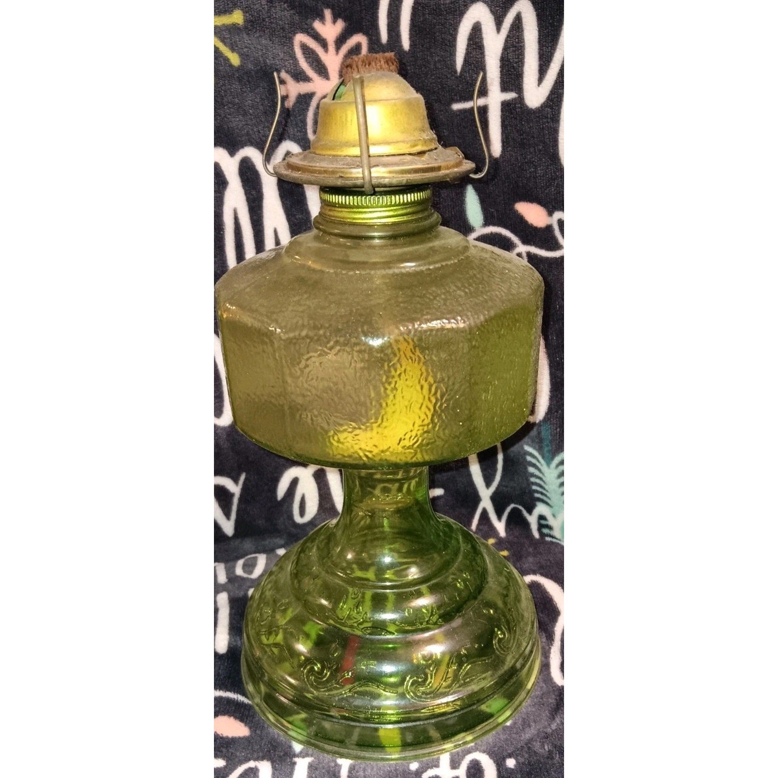 Antique Green Glass Kerosene Oil Lamp Pedestal Base