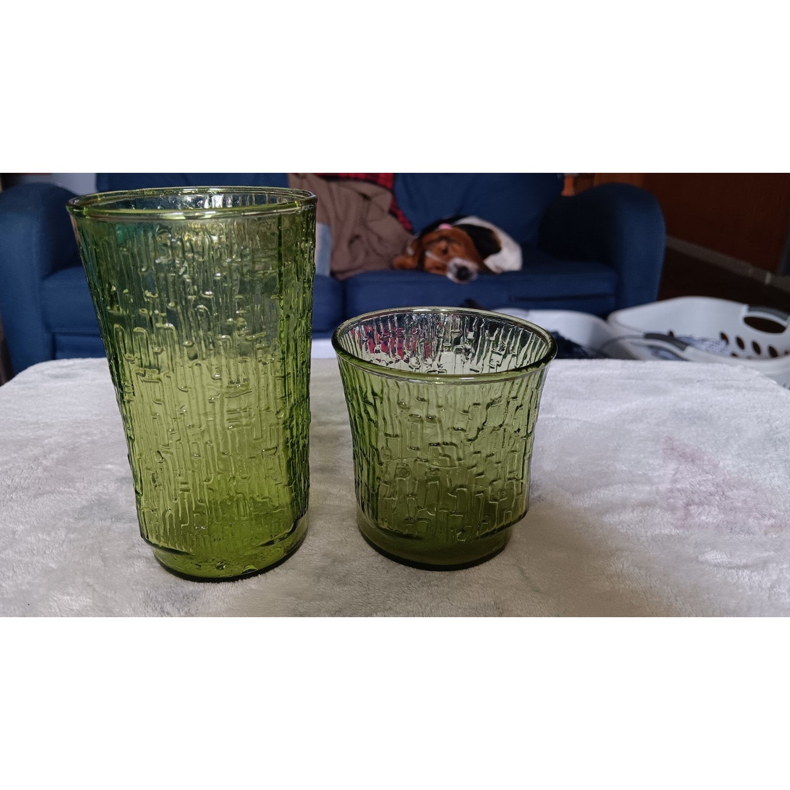 Lot Of 2 Vtg. Anchor Hocking Pagoda Avocado Green Juice Glass, 8 oz And 4 oz
