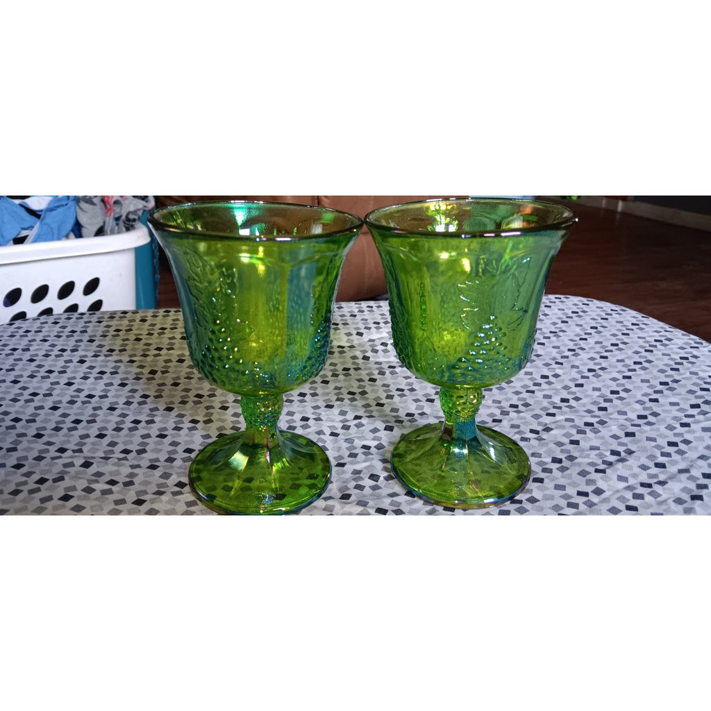 Vintage Indiana Harvest Grapes Carnival Glass Goblets Iridescent Green