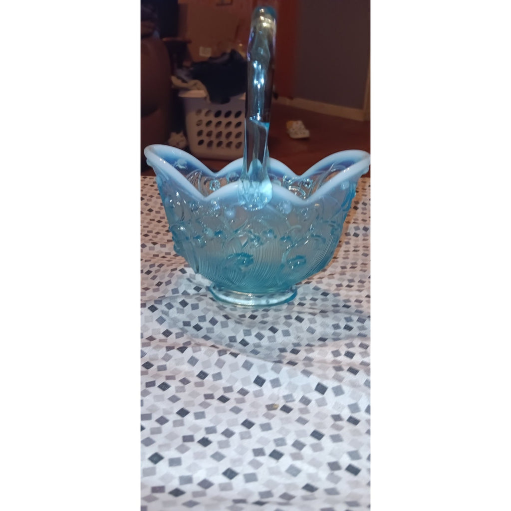 Vtg Fenton Lily of the Valley Basket Blue Opalescent Art Glass NOS
