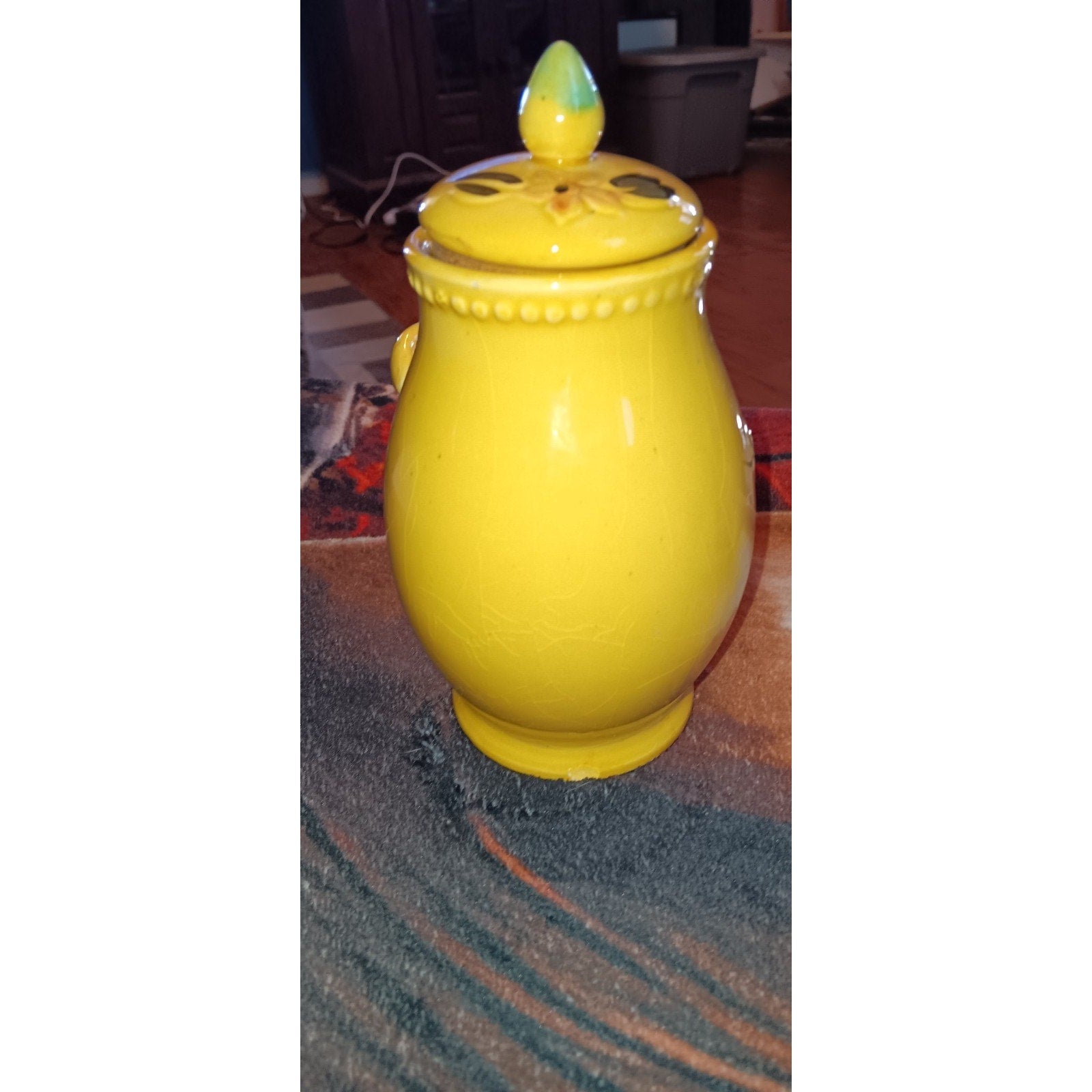 Vintage Hand Painted Yellow Jar With Fruit And Lid