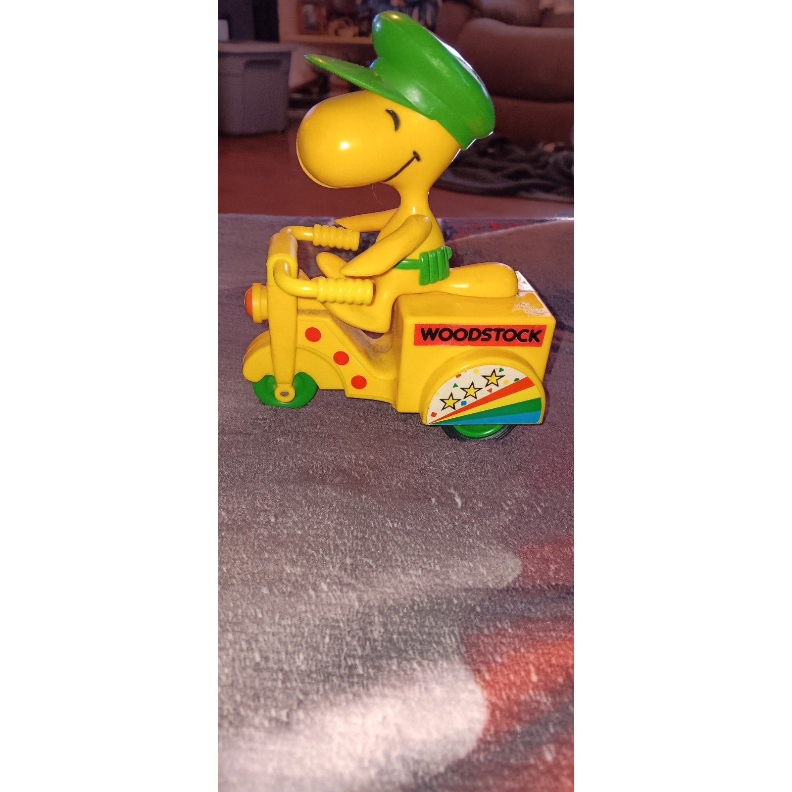 Woodstock Peanuts Cartoon on Yellow 3 wheel Motor Scooter vintage Plastic Toy